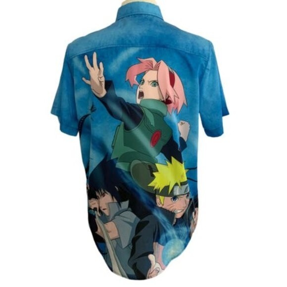Naruto Shippuden Shirt Men Size M Blue Group Woven Button-up Japanese Text - Picture 2 of 8